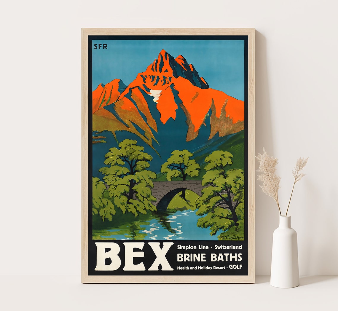 Bex Switzerland Brine Baths Red Mountain Simplon Line Travel Poster