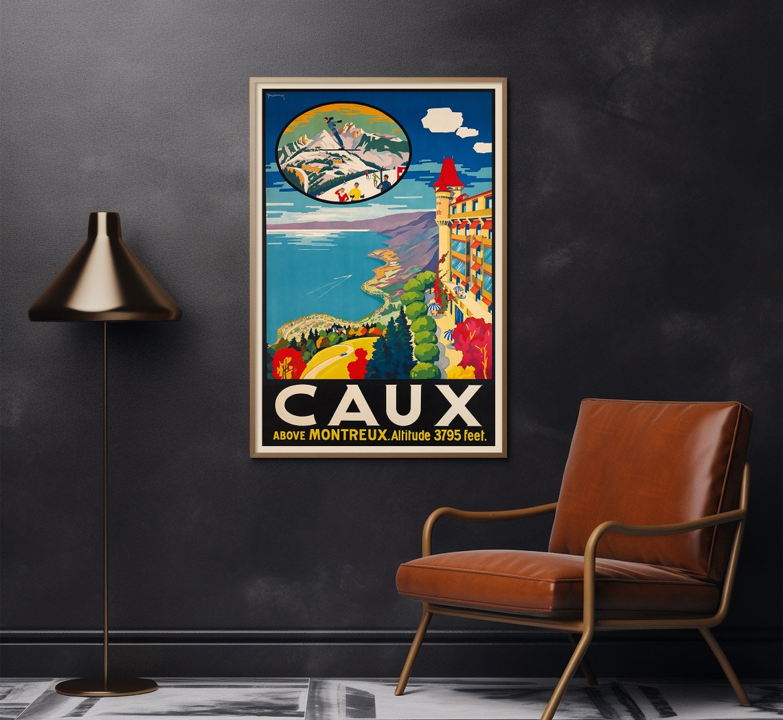 Caux Above Montreux Lake Geneva Alps View Vintage Travel Poster - Image 2