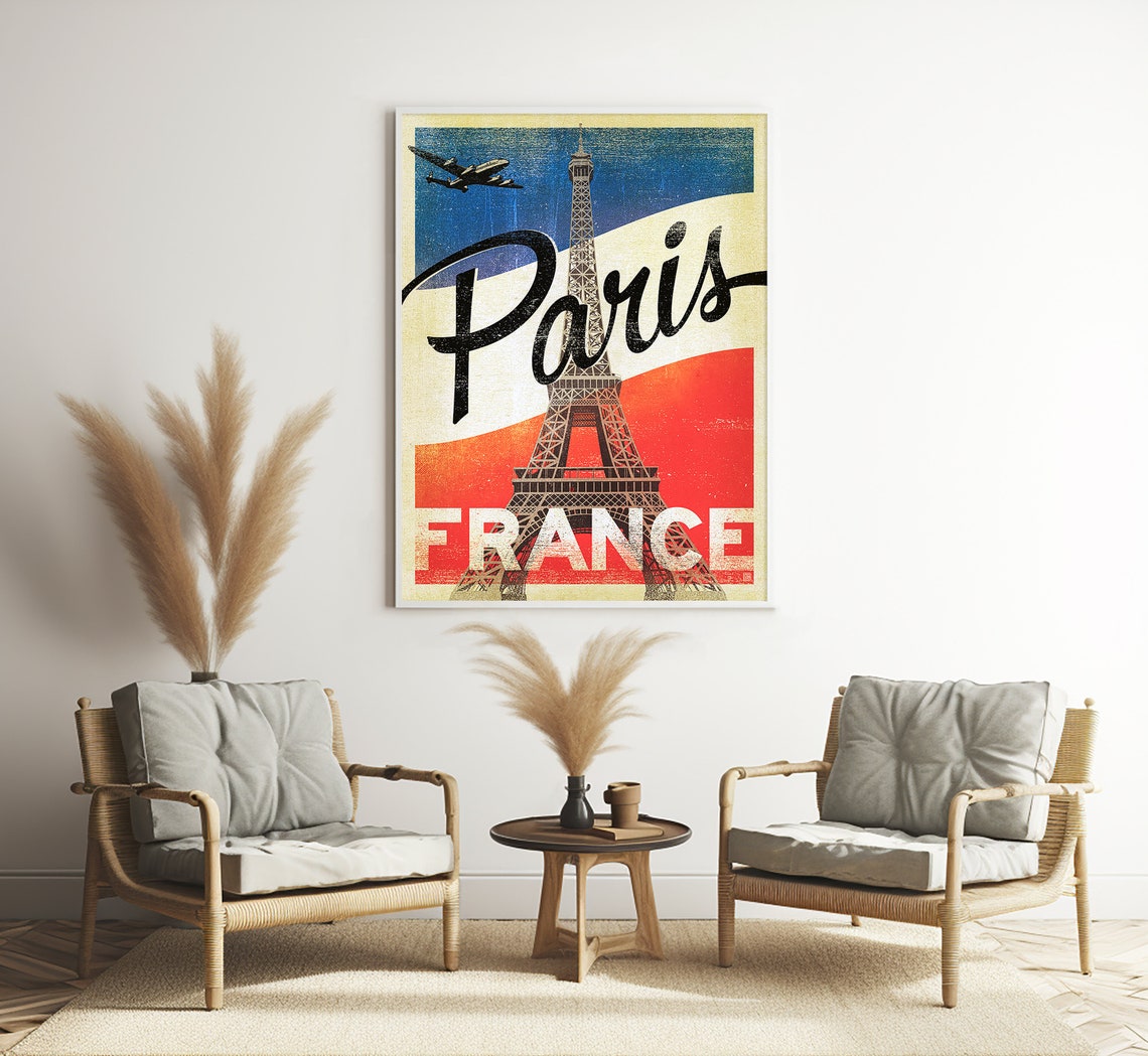 Paris France Eiffel Tower Vintage Airplane Retro Script Travel Poster - Image 3