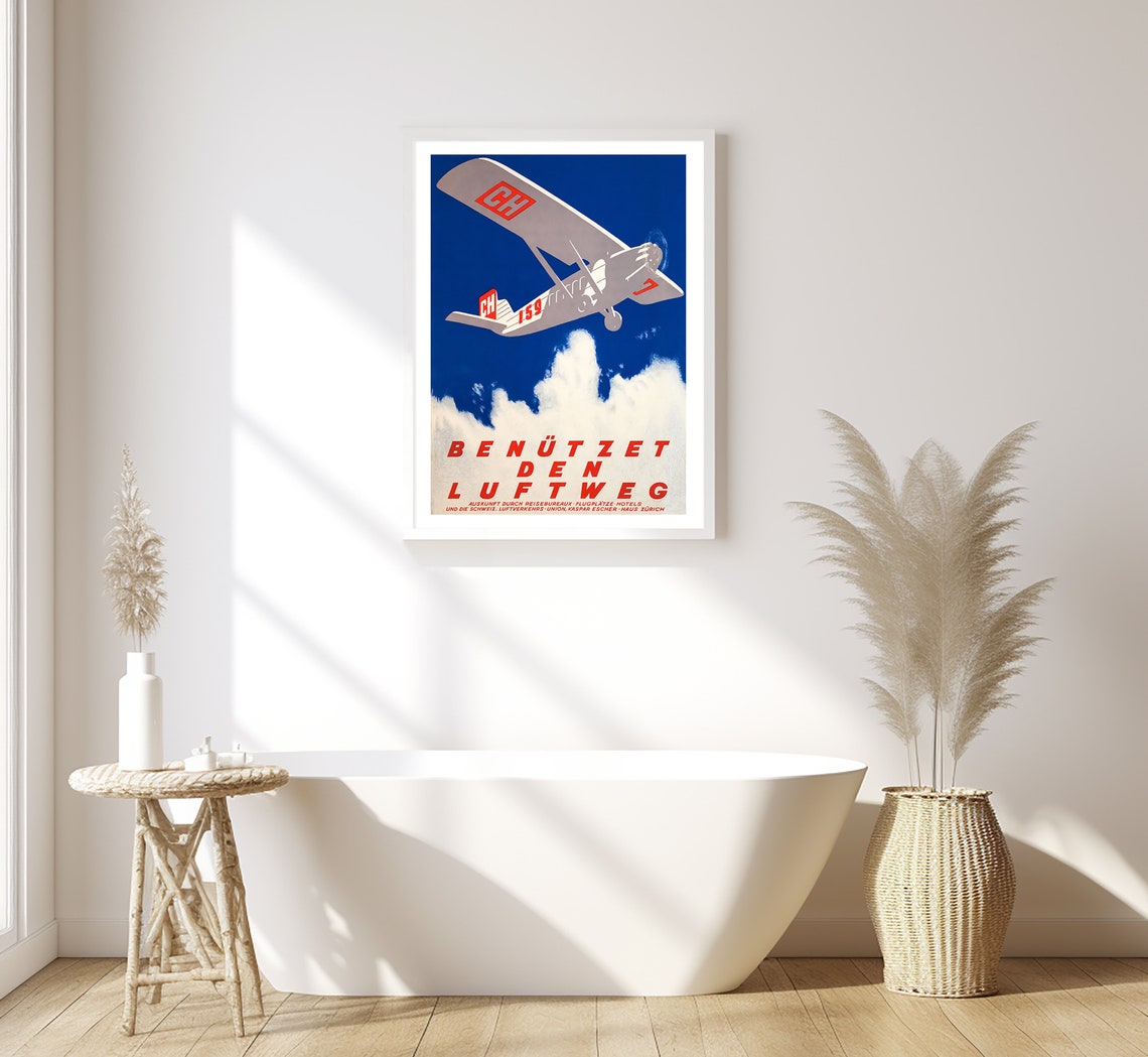 Benutzet Den Luftweg Swiss Airplane Clouds Red Blue Travel Poster - Image 2