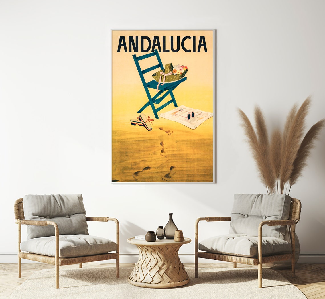 Andalucia Spain Golden Beach Chair Straw Hat Footprints Vintage Poster - Image 3