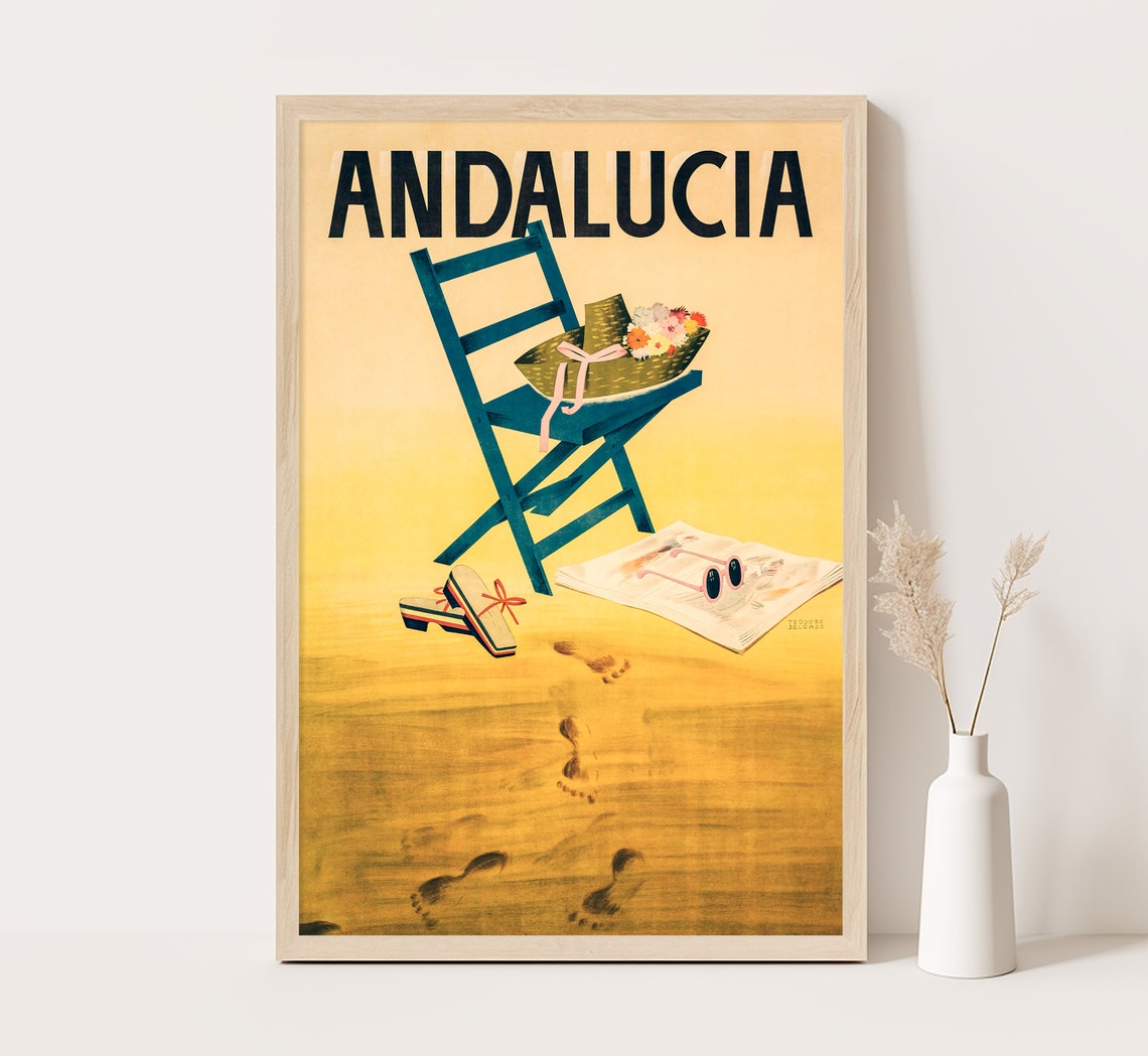 Andalucia Spain Golden Beach Chair Straw Hat Footprints Vintage Poster