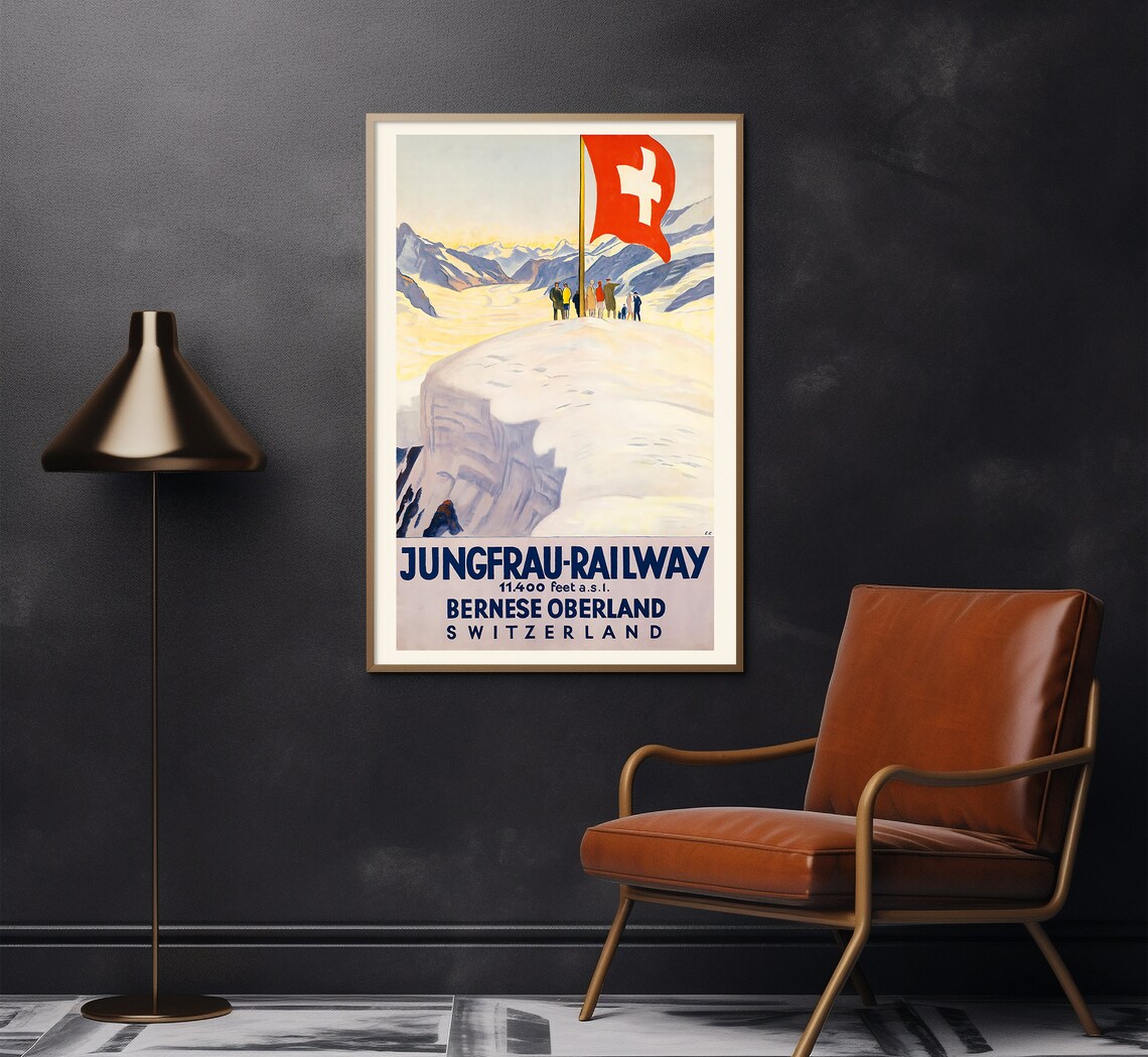 Jungfrau Railway Bernese Oberland Swiss Flag Summit Glacier Poster - Image 2