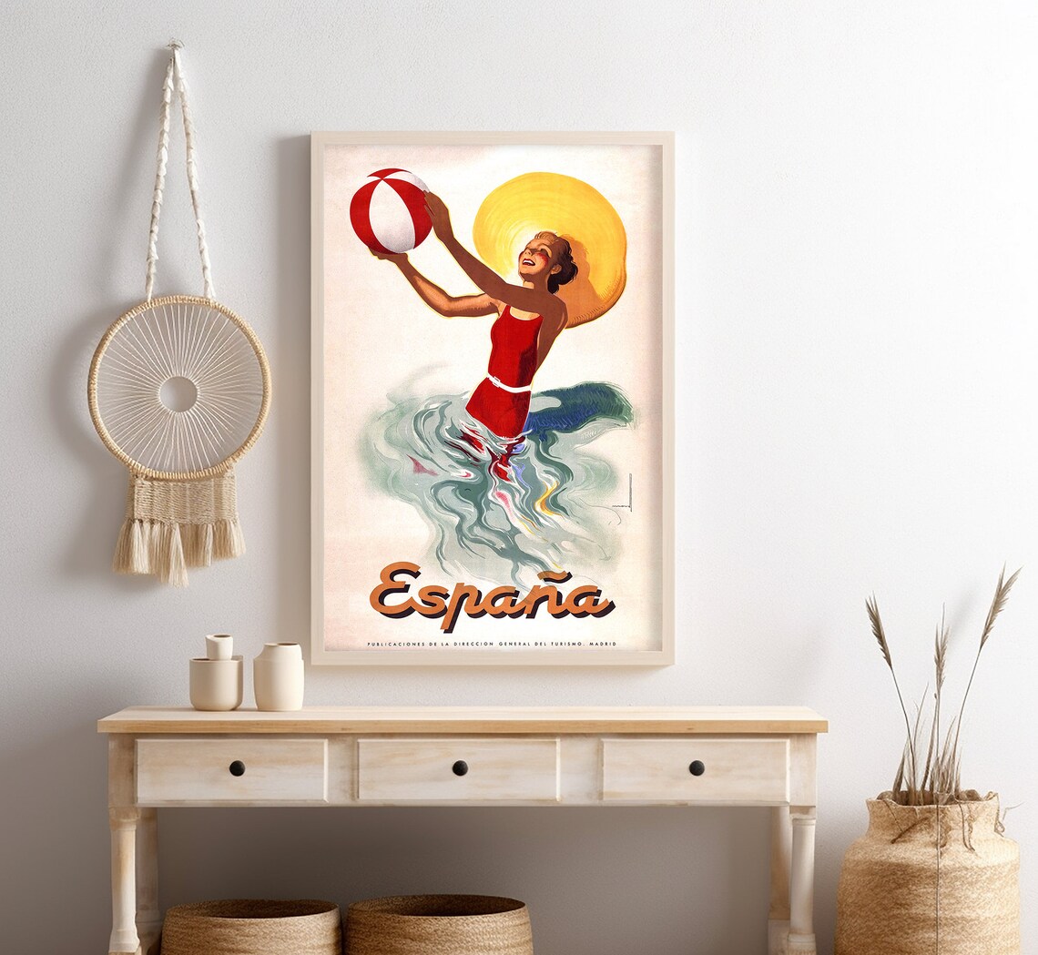 Espana Spain Sun Halo Beach Ball Red Swimsuit Vintage Travel Poster - Image 4