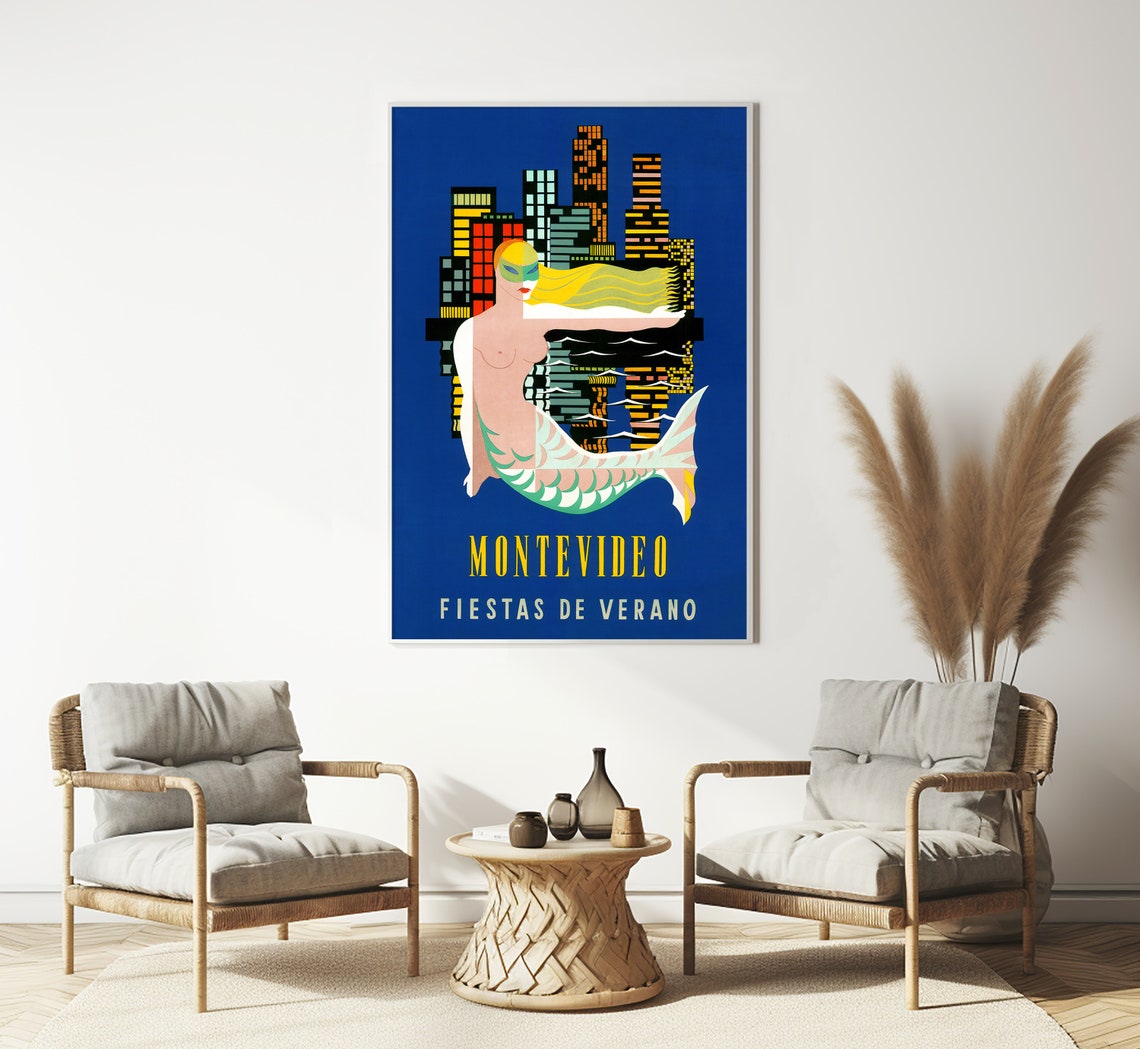 Montevideo Uruguay Summer Festival Mermaid City Skyline Vintage Poster - Image 3