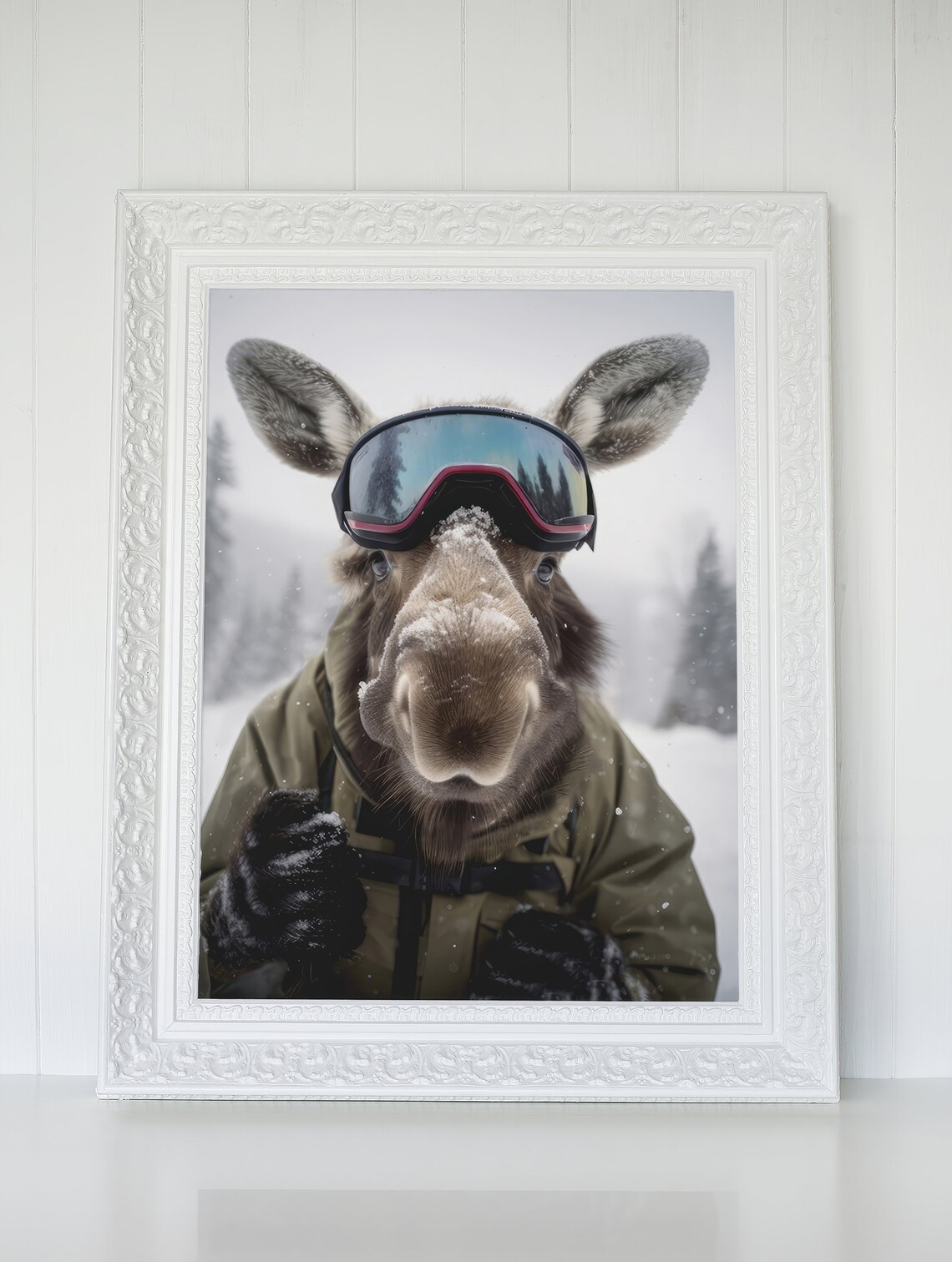Moose Funny Animal Poster, Winter Sports Ski Snow Gift