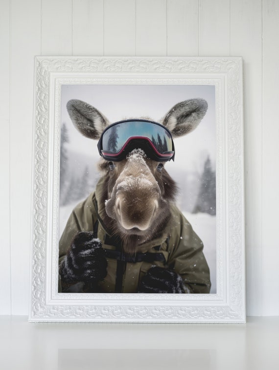Moose Funny Animal Poster, Winter Sports Ski Snow Gift