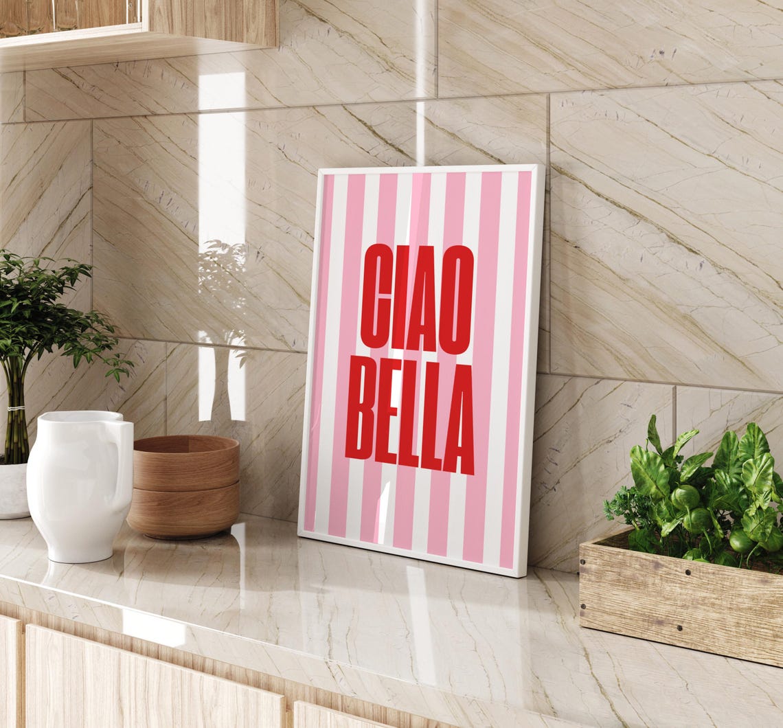 Ciao Bella Red Pink Striped Typography Italian Kitchen Poster - Image 3