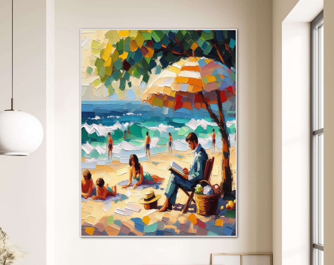 Family Beach Day Reading With Picnic Impasto Coastal Art Poster