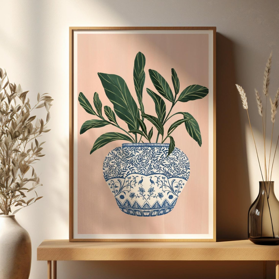 Blue Chinoiserie Vase with Green Plant on Blush Pink Art Poster