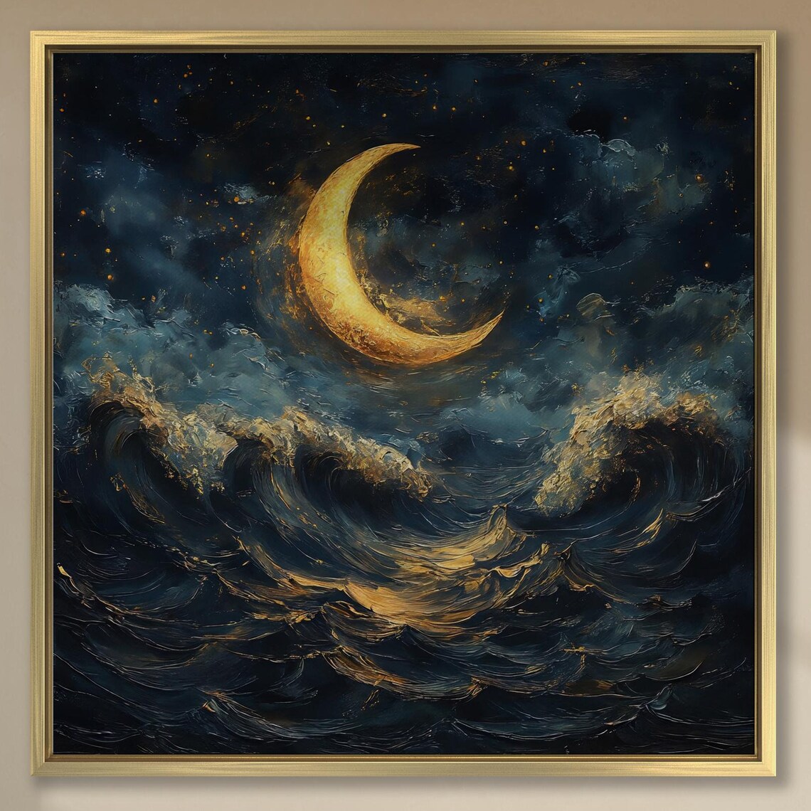 Golden Crescent Moon Over Stormy Dark Night Ocean Impasto Poster