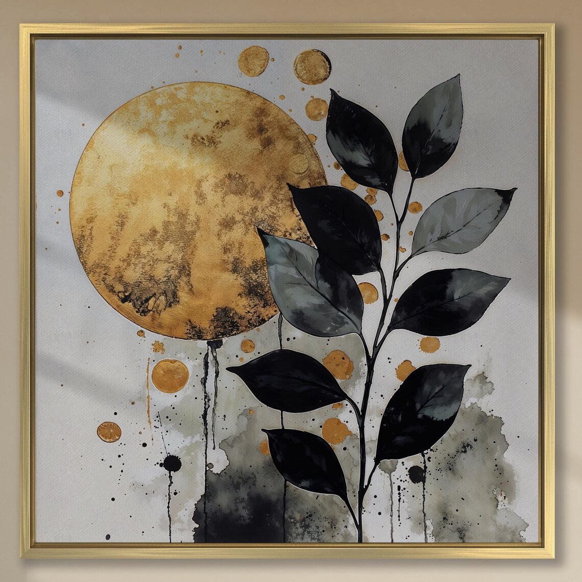 Gold Full Moon With Black Watercolor Leaves Botanical Poster