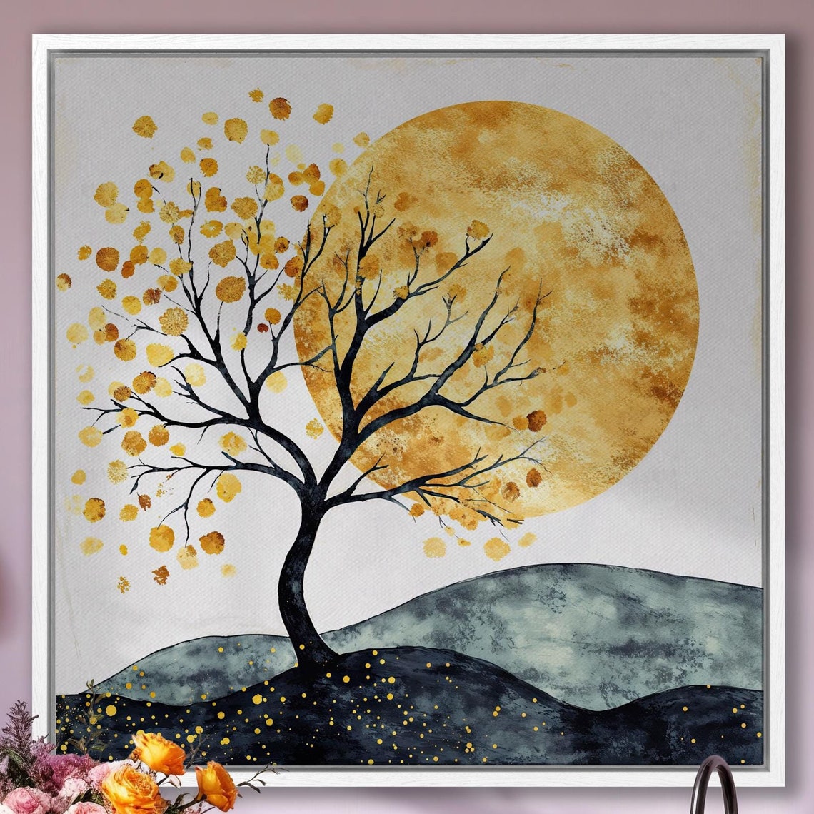 Golden Sun Behind Black Tree Branches Minimalist Nature Poster