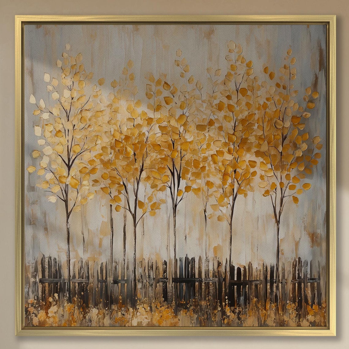 Golden Leaf Trees Standing Behind Rustic Wooden Fence Artwork Poster