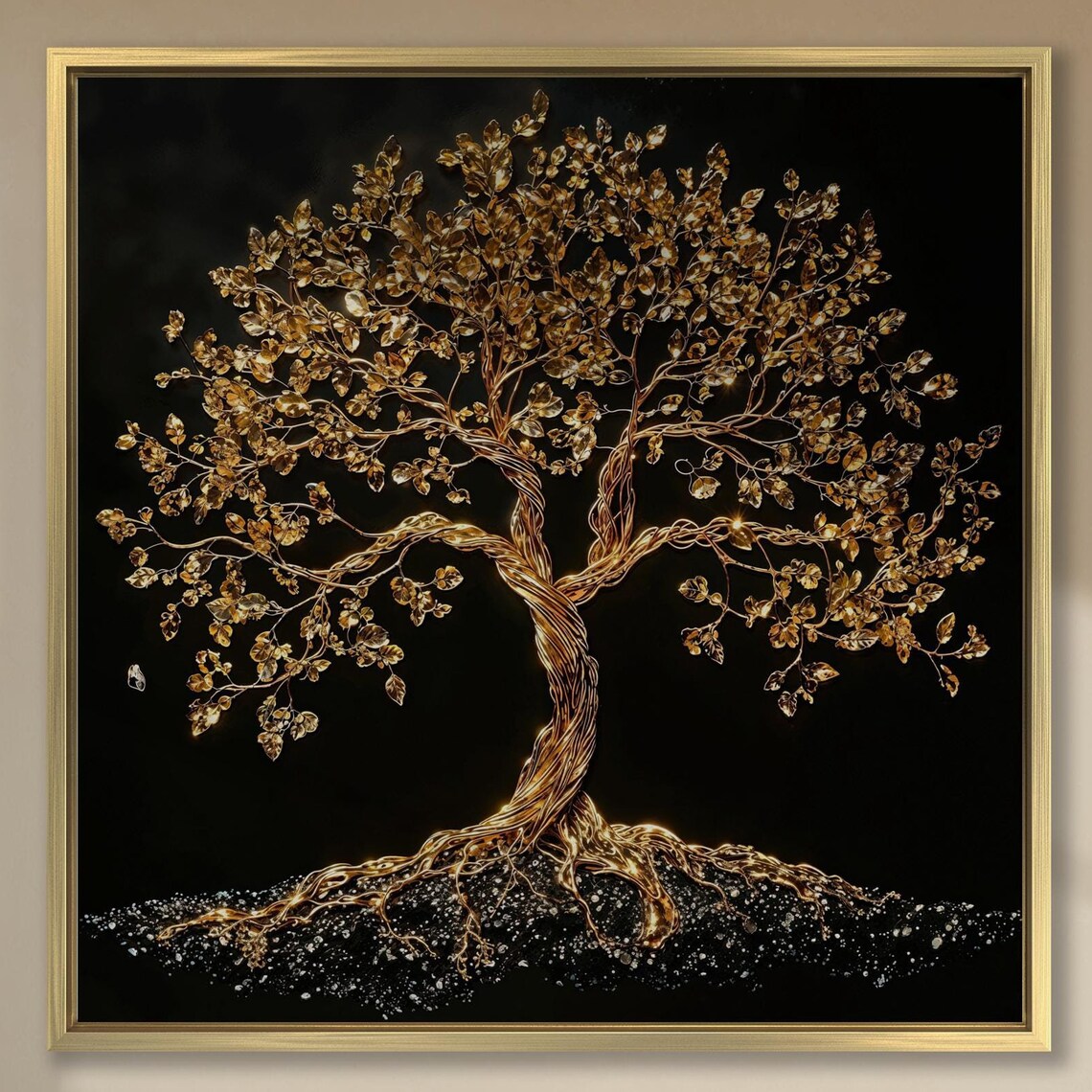 Gold Wire Tree Of Life With Roots On Black Background Poster