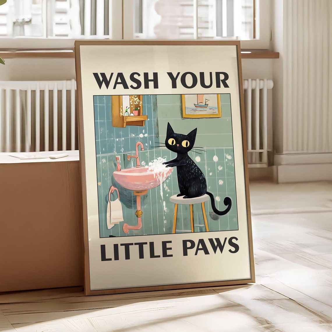 Wash Your Little Paws Black Cat Sink Retro Funny Bathroom Poster