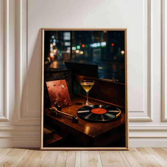 Vinyl Record Turntable Martini Night City Lights Bar Moody Poster