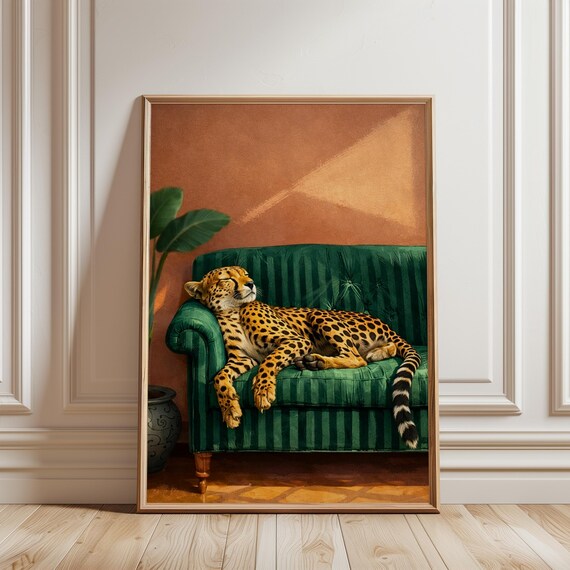 Cheetah Lounge Poster Emerald Green Sofa Minimalist Gouache Dark Academia Wall Decor