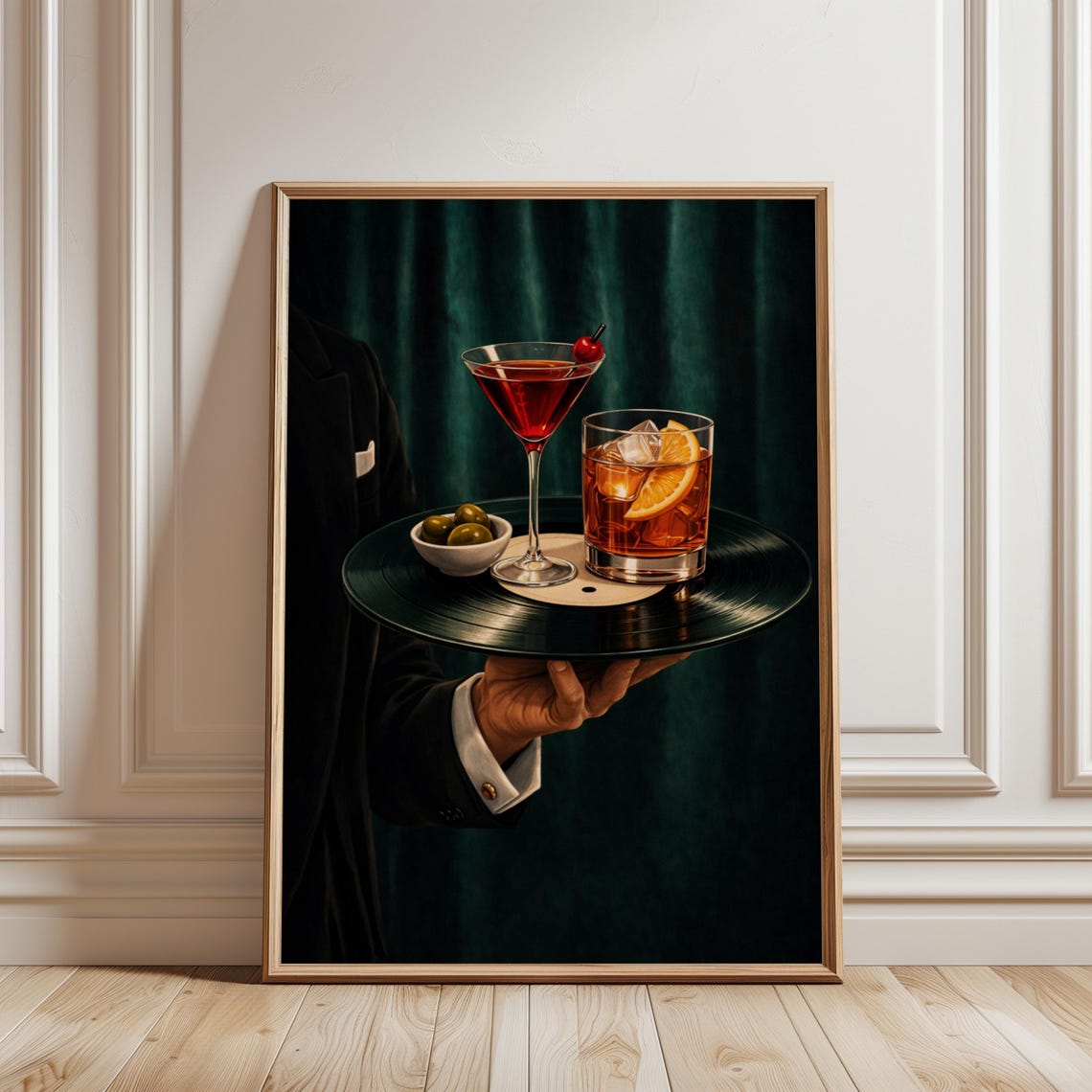 Tuxedo Waiter Cocktail Tray Print Martini Whiskey Emerald Velvet Bar Art