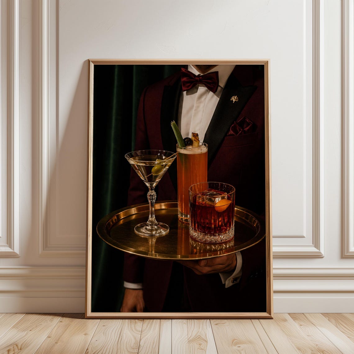 Burgundy Tuxedo Cocktail Poster Brass Tray Martini Old Fashioned Moody Speakeasy Bar Wall Art