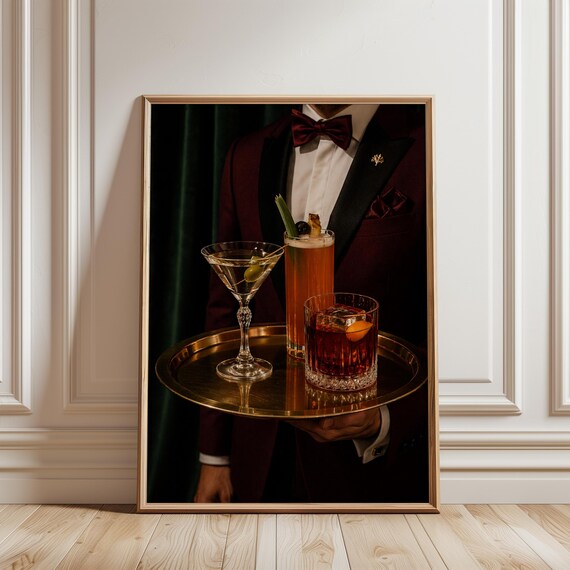 Burgundy Tuxedo Cocktail Poster Brass Tray Martini Old Fashioned Moody Speakeasy Bar Wall Art