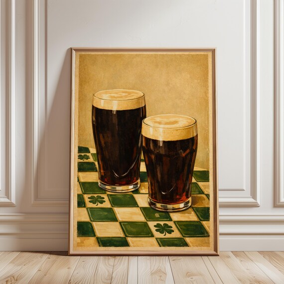 Vintage Irish Stout Poster Two Pints Pub Wall Art Shamrock Decor