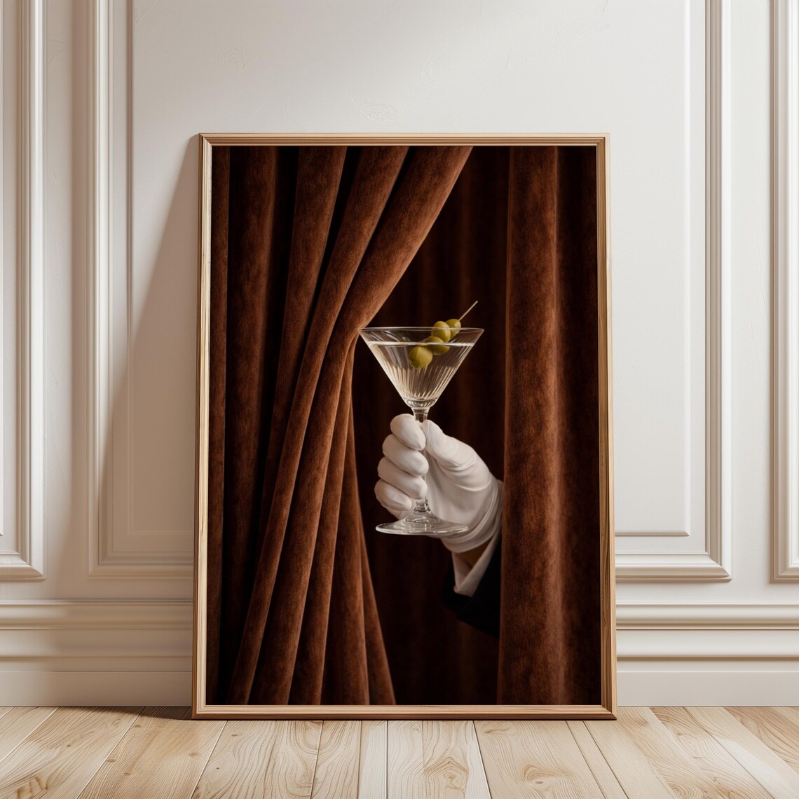 Martini Curtain Poster, Moody Speakeasy Bar Art Print