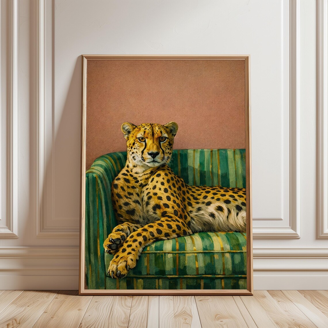 Cheetah Lounging on Green Striped Sofa Dark Academia Vintage Animal Poster
