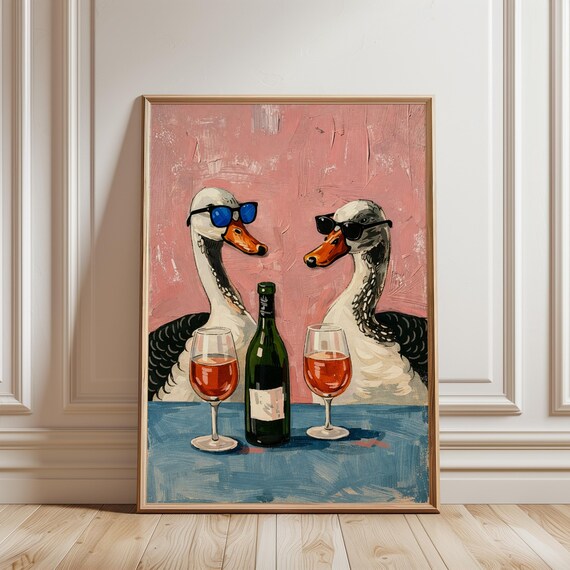 Pink Geese Wine Poster Painterly Sunglasses Duo Bar Art