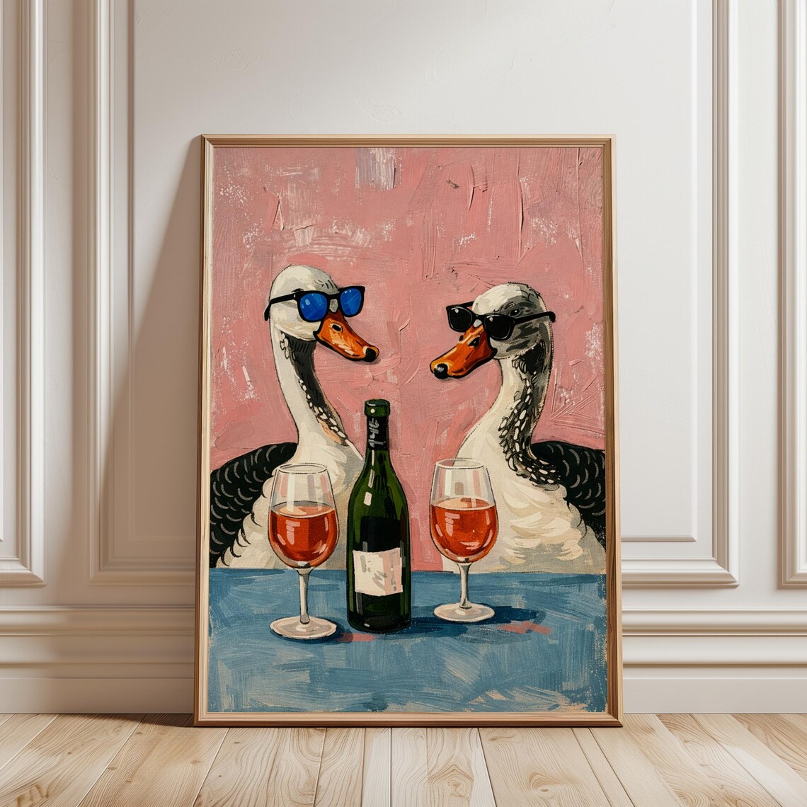 Pink Geese Wine Sunglasses Duo Painterly Funny Animal Bar Wall Poster