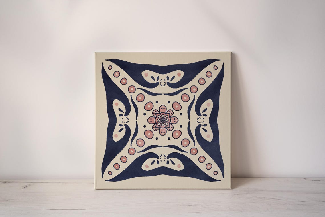 Geometric Navy Pink Talavera Tile Flower Motif Square Art Poster - Image 2