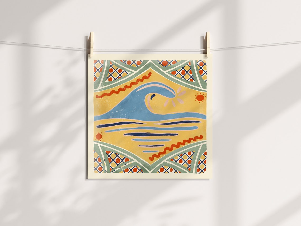 Ocean Wave Talavera Tile Motif Mustard Yellow Folk Surf Art Poster - Image 2