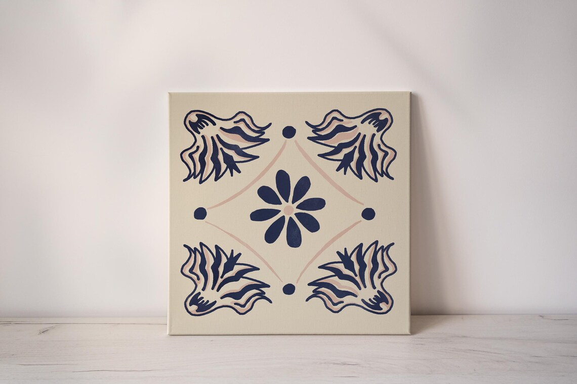 Navy Pink Floral Talavera Tile Center Flower Folk Art Poster - Image 2