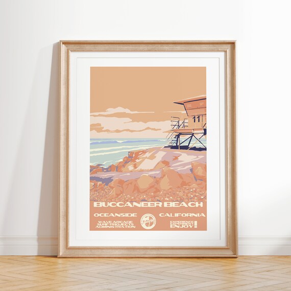 Buccaneer Beach Art Print Vintage National Parks Style Surf Poster Oceanside Ca Coastal Surf Decor