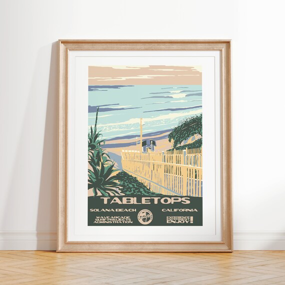 Tabletops Art Print Vintage National Parks Style Surf Poster Solana Beach Ca Coastal Surf Decor