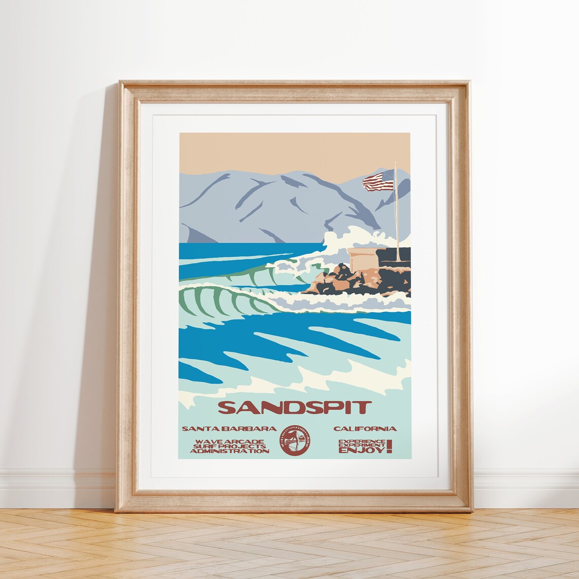 Sandspit Santa Barbara California Surf Wave Vintage Travel Poster