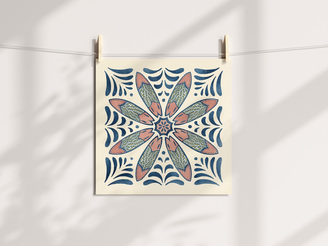 The Fish Tile No 14 Surfboard Mandala Mexican Tile Pattern Art Poster - Image 2
