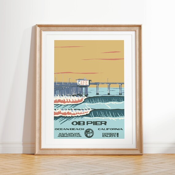 Ob Pier Art Print Vintage National Parks Style Surf Poster Ocean Beach Ca Coastal Surf Decor