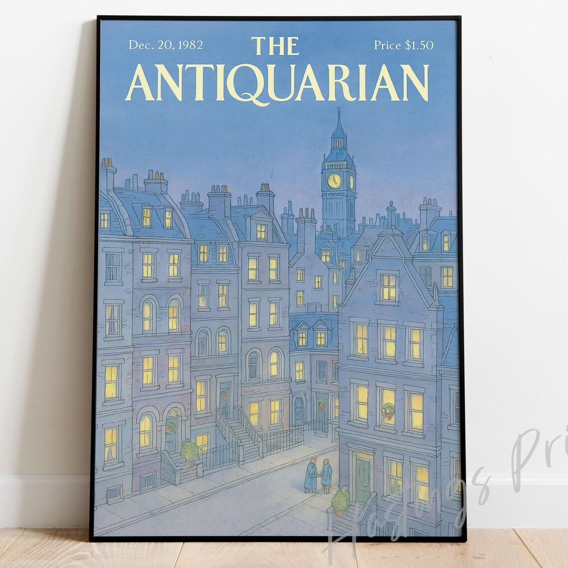 The Antiquarian 1982 London Dusk Street Big Ben Magazine Cover Art Poster