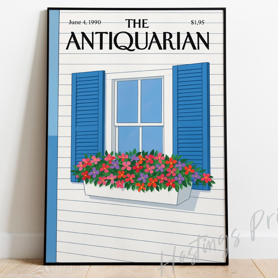 The Antiquarian 1990 Blue Shutters Flower Box Magazine Cover Art Poster
