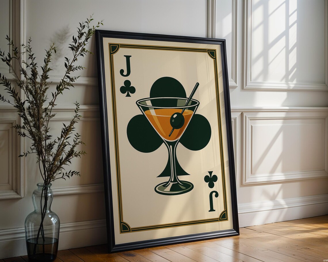 Art Deco Jack of Clubs Playing Card Martini Cocktail Wall Art