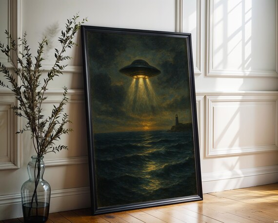 UFO Over Ocean Waves Lighthouse Night Oil Painting Art Poster