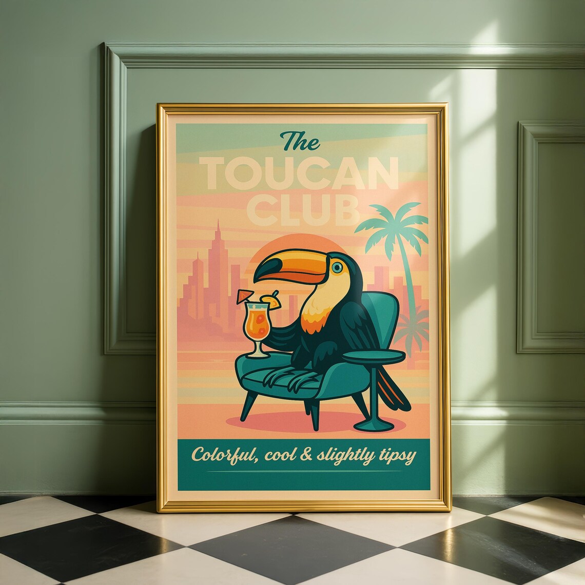 Retro Toucan Cocktail Print, Mid-Century Tropical