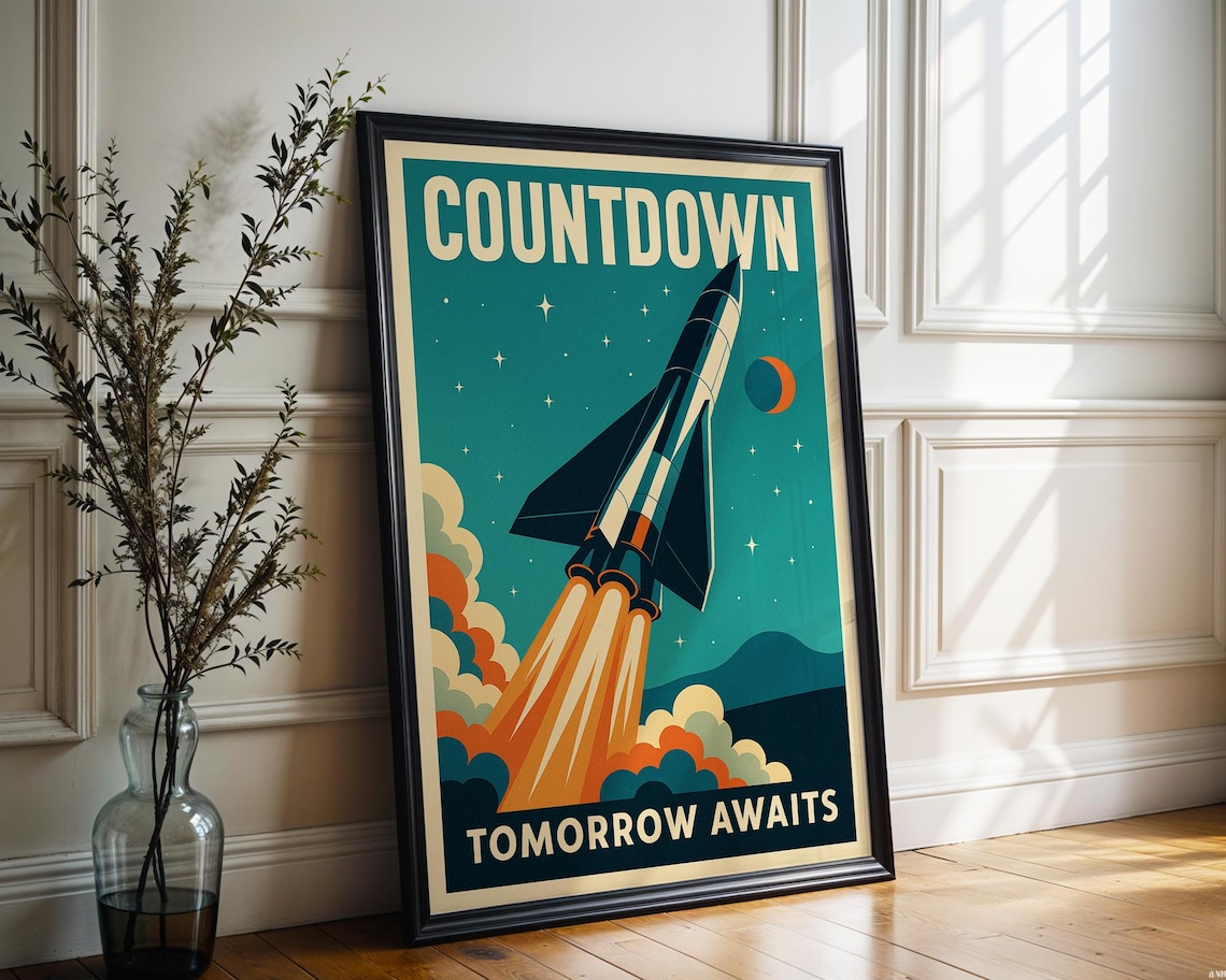 Retro Space Age Rocket Poster, Mid-Century Futuristic