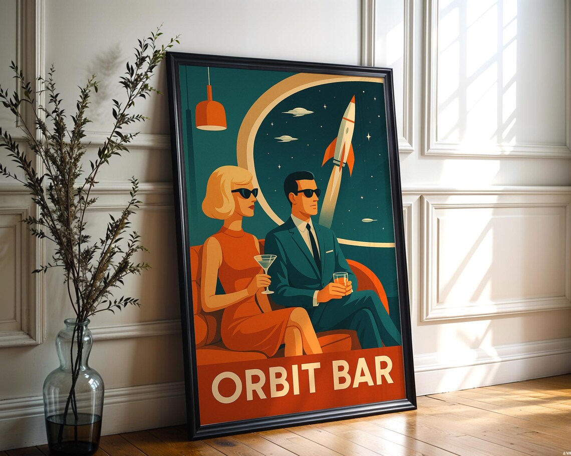 Orbit Bar Midcentury Space Age Couple With Rocket Vintage Poster