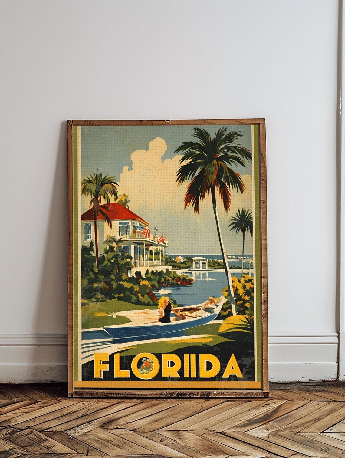 Vintage Florida Palm Trees Waterfront House Rowboat Travel Poster