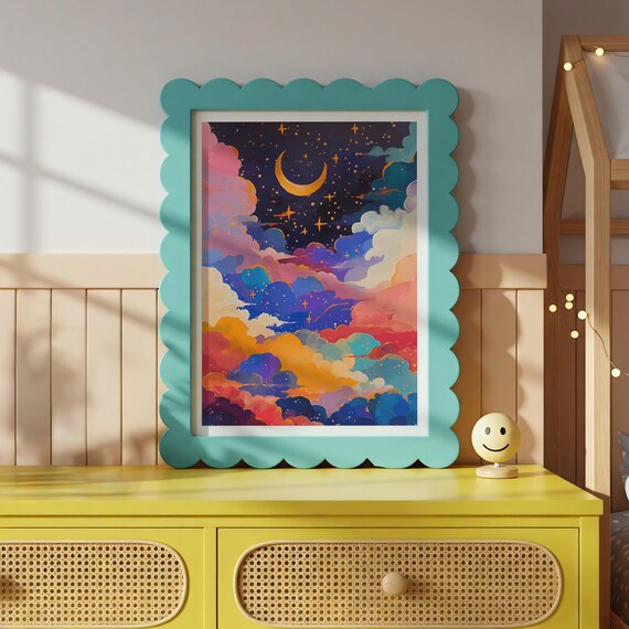 Dreamy Night Sky Golden Moon Stars Colorful Clouds Nursery Poster