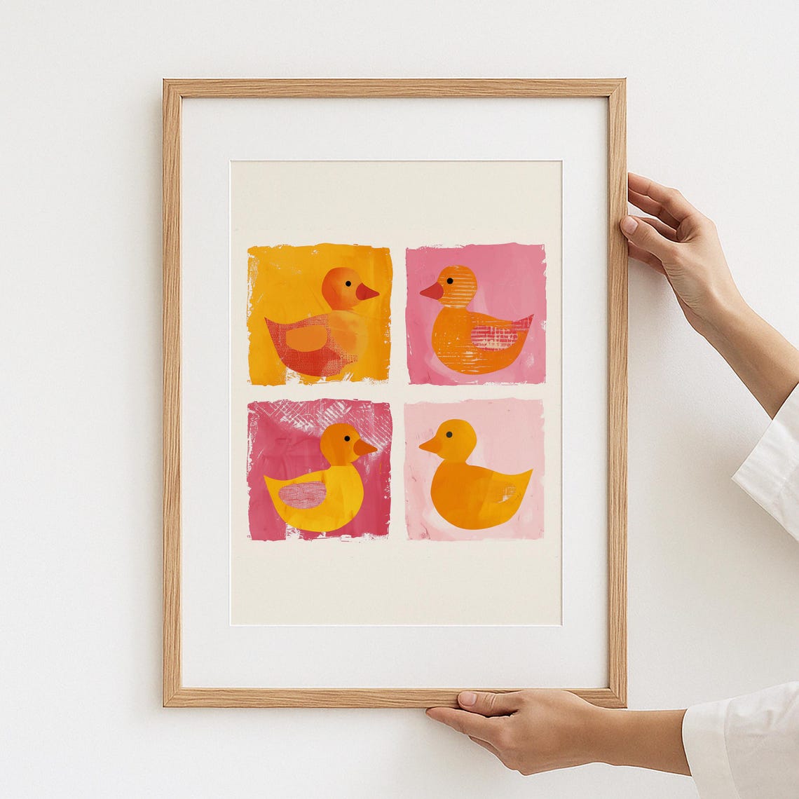Four Cute Duck Illustrations Colorful Pop Art Grid Nursery Poster
