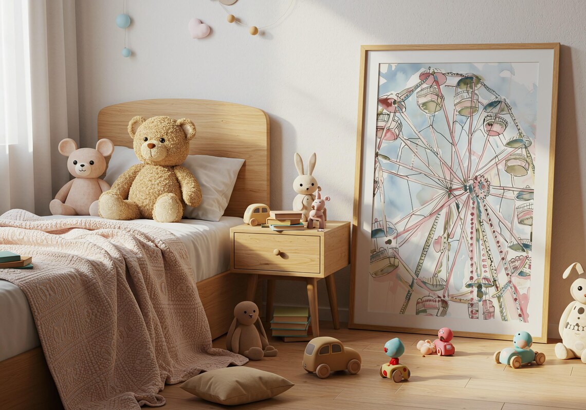 Pastel Ferris Wheel Watercolor Carnival Kids Nursery Art Poster