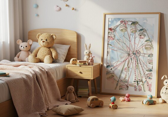 Pastel Ferris Wheel Watercolor Carnival Kids Nursery Art Poster